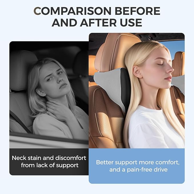 BEBAS Car Headrest Pillow, Ergonomic Neck Pillow with Memory Foam, Universal Car Head Rest Support for Driving Comfort, Breathable Removeable Seat Pillow for Pain Relief (Black, 1 Pack)