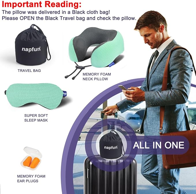 napfun Neck Pillow for Traveling, Upgraded Travel Neck Pillow for Airplane 100% Pure Memory Foam Travel Pillow for Flight Headrest Sleep, Portable Plane Accessories, Striped Turquoise Set