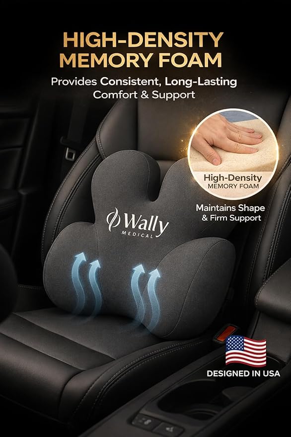 Luxury Lumbar Support Pillow for Back Pain Relief – High-Density Memory Foam Ergonomic Back Cushion for Office Chair, Car & Home – Adjustable Strap, Removable Washable Cover + Bonus Massage Roller