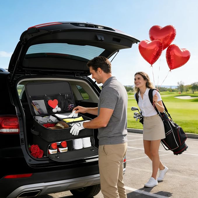 Organizer Bag,2 Layer Golf Trunk Organizer,Golf Gifts for Men with Separate Ventilated Compartment,Waterproof Car Trunk Locker for Balls, Tees, Clothes,Accessories,Valentines Day Gifts