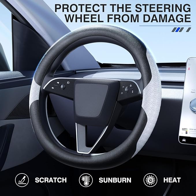 Nappa Leather Steering Wheel Cover - for Tesla Model 3/Y 2016-2025 2026 Juniper/Highland - Breathable Non-Slip Model 3/Y Steering Wheel Protector - Enhance Driving Experience and Interior Aesthetics