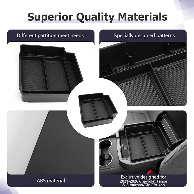 LUWU Console Organizer for 2021-2026 Tahoe & Suburban/GMC Yukon Accessories(ONLY for Standard Console w/Charging Socket) - NOT for Power Sliding Console Center Console Organizer Tray ABS Materials