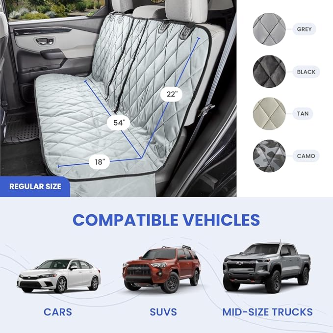 4Knines Dog Seat Cover for Back Seat, Heavy Duty Waterproof Rear Seat Protector for Small Trucks, SUVs, & Cars, Fits 60/40 Split Bench with Middle Seat Belt, Non-Slip Dog Backseat Cover (Regular, Tan)