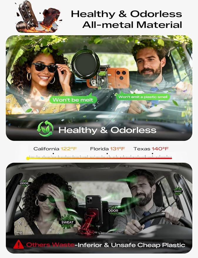 MAGIC JOHN Car Phone Holder, Ultra-Durable Mteal Phone Holders for Your Car, 360° Rotation Cell Phone Car Mount for Windshield, Suction Cup Car Phone Mount for iPhone Samsung All Smartphone