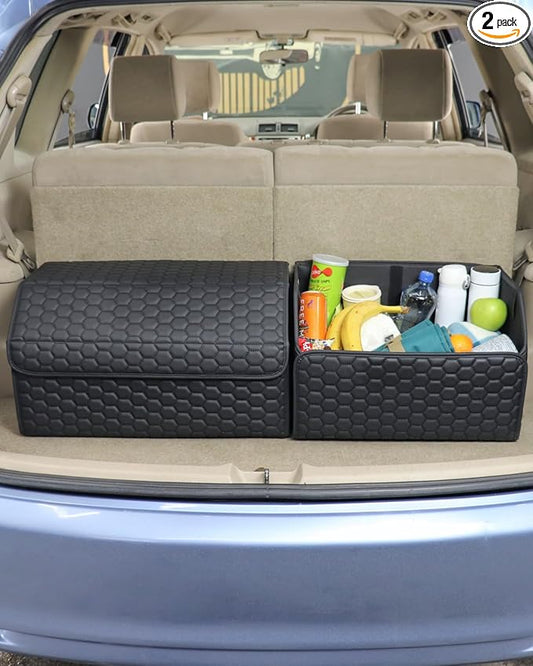 Owleys Car Storage Organizer Bundle - Two Foldable Crates For Groceries, Gear & Trips - Durable SUV And Truck Storage Set - Thoughtful Birthday Gifts For Drivers (Black 17+21)