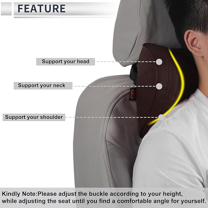 Car Headrest Pillow Ergonomic Comfortable Neck Support Pillow Nappa Leather and Memory Foam Adjustable Width Coffee 1 Pc for Driving Travel