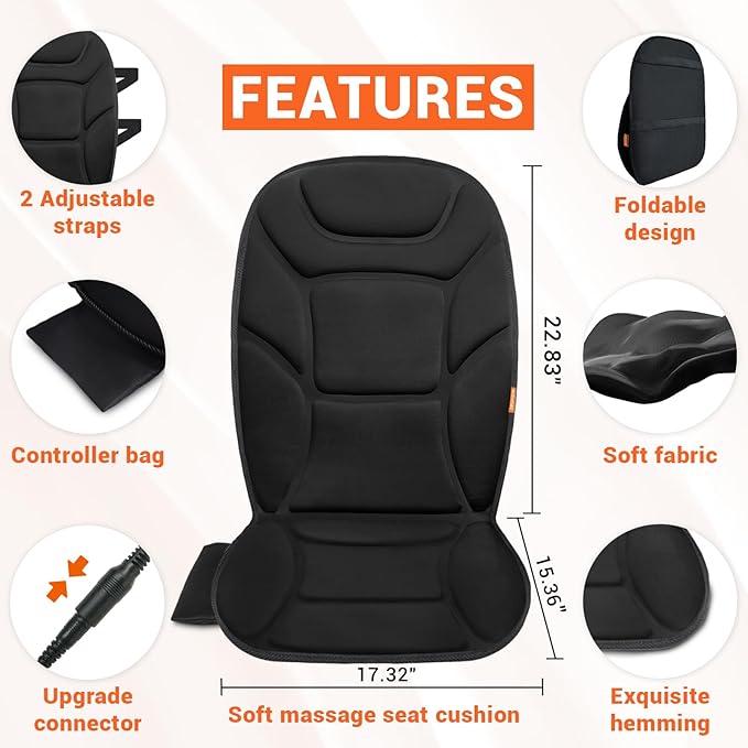 Massage Seat Cushion with Full Back Thighs Heat Back Massager for Chair with 3 Heating Pads 6 Vibrating Motors, Massage Chair Pad for Home Office, Heated Seat Cover Warmer for Pain Relief