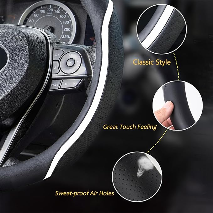 Steering Wheel Cover Black White, Carbon Fiber Car Steering Wheel Covers with Coasters Universal 14.5-15 inch Leather Microfiber Breathable Anti-Slip Steering Wheel Accessories Set