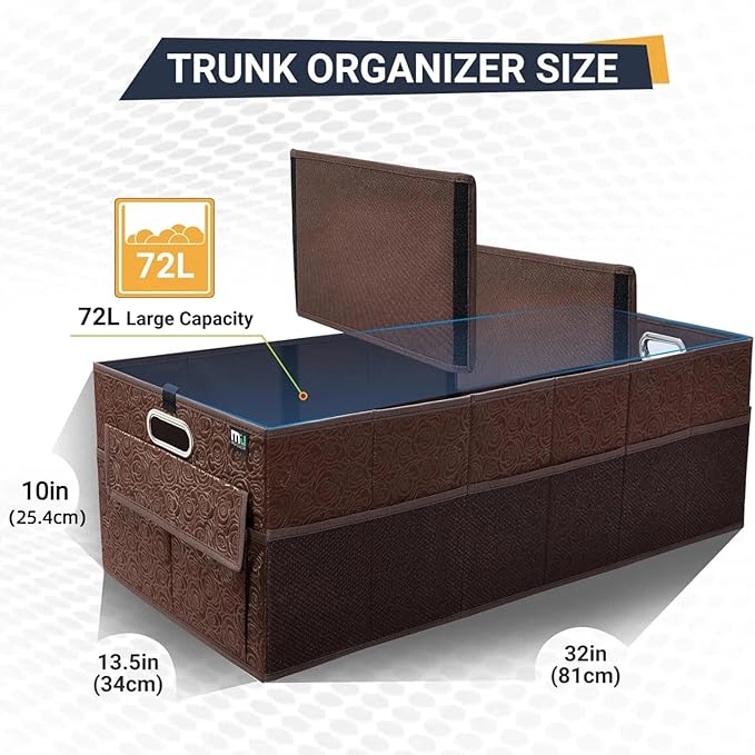 MIU COLOR Trunk Organizer for Car, 12 Pockets Sturdy Car Organizer for SUV, Non-Slip Bottom, Storage Organizer for Sedans, Van, Jeep, Grocery, Large 3 Compartments, Brown Vintage 32"×13"×10.6"