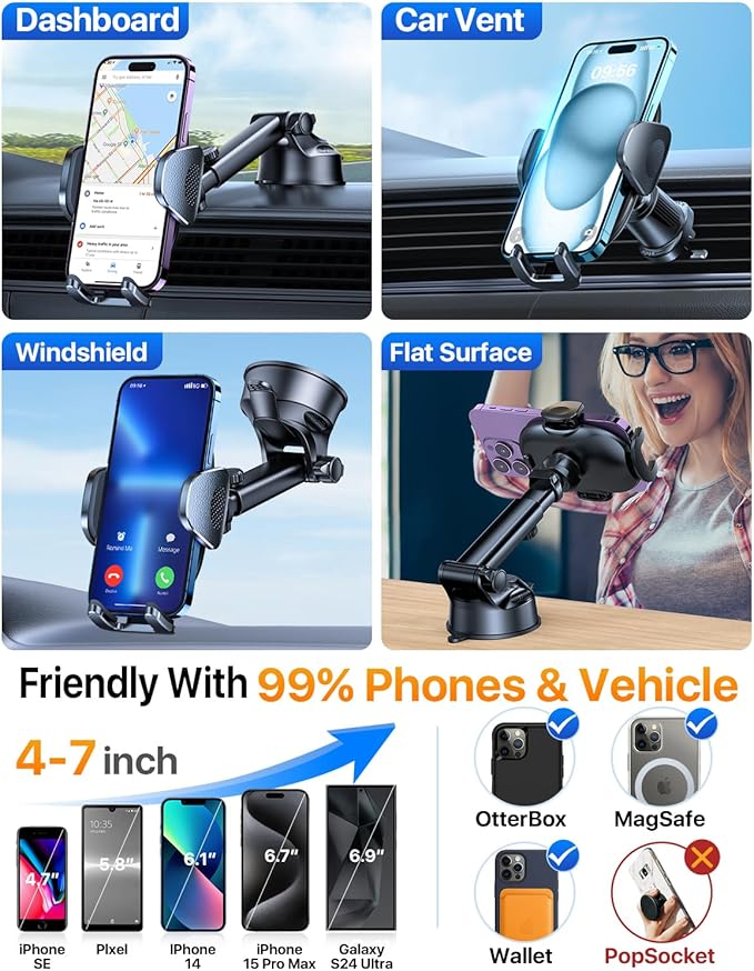 YRU Upgraded Universal Car Phone Holder Mount【360°Rotatable & Strong Suction】 Cell Phone Car Dashboard Windshield Phone Holder Dash Vent Stand for iPhone 17 16 Pro Max Samsung Truck, Graphite Black
