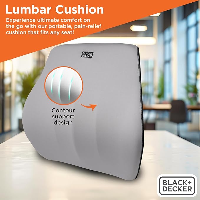 BLACK+DECKER Memory Foam Lumbar Support Pillow, Lumbar Cushion for Office, Car, Wheelchair & Airplane – Adjustable Strap, Full Back Pain Relief, Washable Cover, Grey/Blue