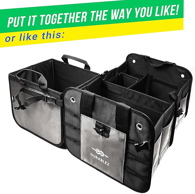 3-Section Modular Trunk Organizer XL – Car Storage for Groceries, Cleaning Supplies, Tools, Sports Gear – Foldable L-Shape Cargo Bin – Gray