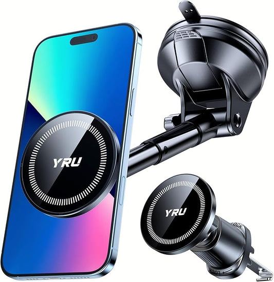 YRU Upgraded Magnetic Phone Holder for Car【Patented & Super Magnet】 for MagSafe Car Mount Dashboard Magnet Phone Holder Windshield Phone Stand for iPhone 17 16 15 14 13 12 Pro Max Samsung, Black