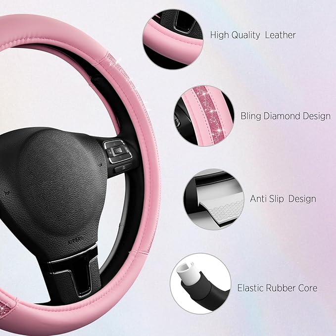 Road Comforts Steering Wheel Cover, Glitter Bling Leather Wheel Cover, Universal Fit 14.5"-15.5" Steering Wheels for Women & Girls, Anti-Slip Car Wheel Protector for Cars, Trucks, Vans, SUVs-HotPink