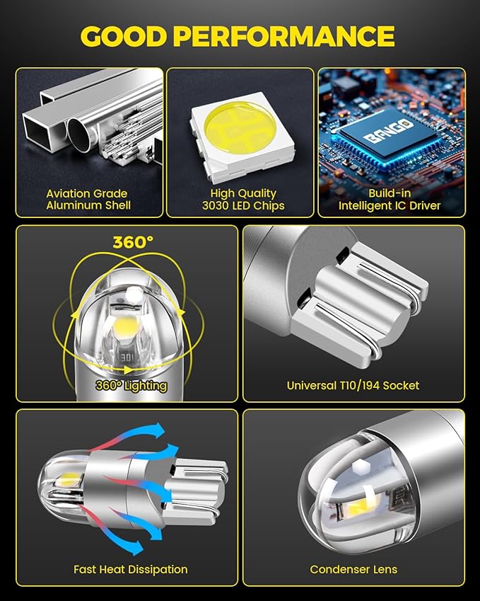 BANGO 194 LED Bulb, 6000K White Super Bright 168 T10 2825 W5W LED Replacement Bulbs for Car Interior Dome Map Door Courtesy Trunk Side Marker License Plate Lights, Pack of 10