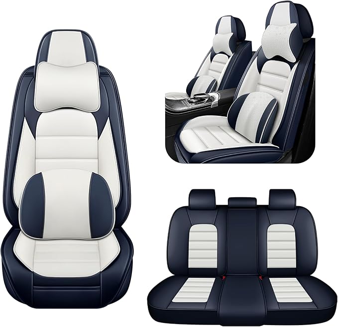 5 Car Seat Covers for Chrysler Pacifica 2004-2026 Breathable Leather,Waterproof Car Seat Protectors with Comfort Headrest Pillows,Automotive Vehicle Cushion with Storage Pockets (Luxury,Blue)