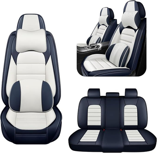 5 Car Seat Covers for Toyota Highlander 2001-2026 Breathable Leather,Waterproof Car Seat Protectors with Comfort Headrest Pillows,Automotive Vehicle Cushion with Storage Pockets (Luxury,Blue)