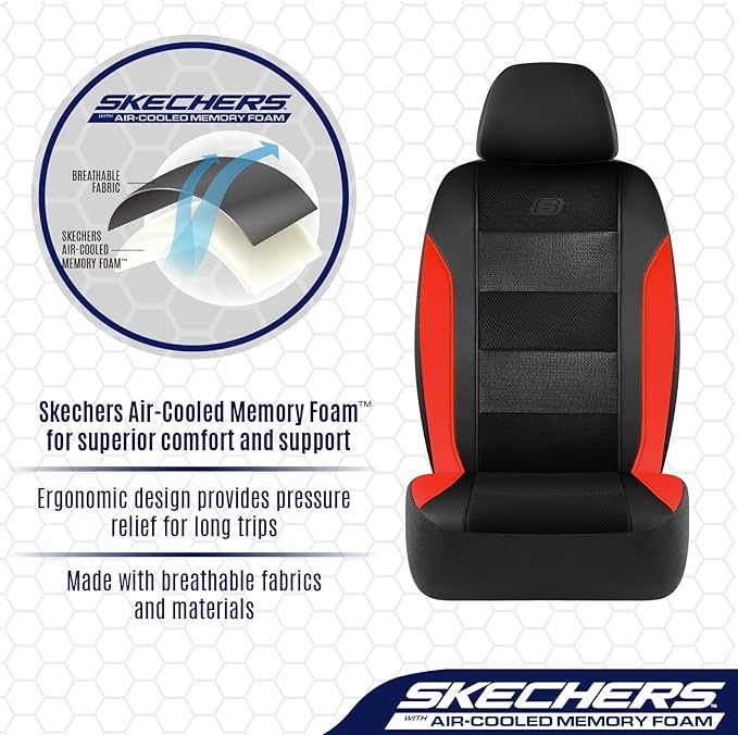 Skechers Aircooled & Memory Foam Seat Covers,Premium Leather with EVA Mesh Car Seat Covers,Seat Cover Full Sets,Airbag Compatible Automotive Comfort for Most Cars, Vans, Trucks, SUV,Red