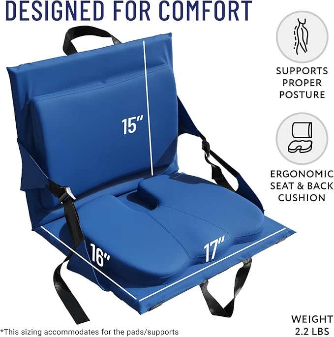 Everlasting Comfort Stadium Seats with Back Support - Adjustable Memory Foam Bleacher Chairs with Back and Cushion, Portable, Easy Folding Stadium Seat Cushion with Storage Pocket