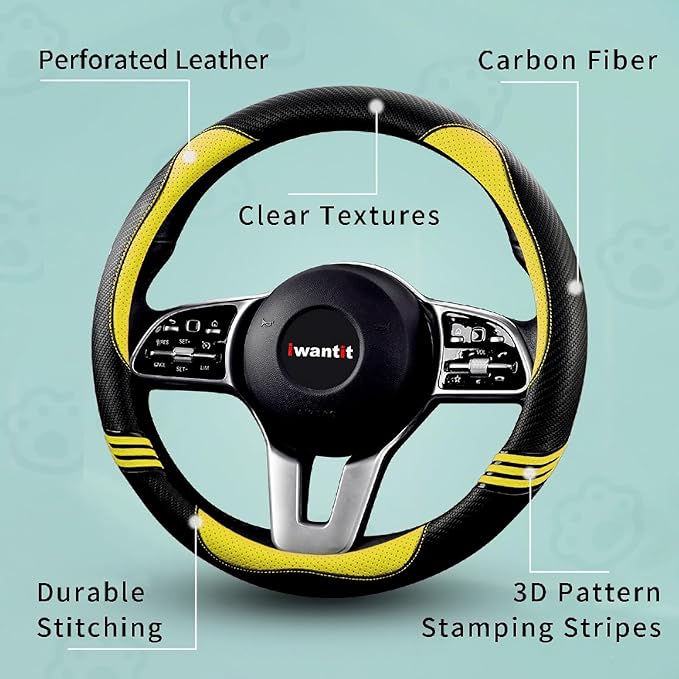 Iwantit® Steering Wheel Covers with Leather and Anti-Slip Rubber Ring, Universal Fit 14.5-15 inches for Cars,SUV (Yellow/Black)