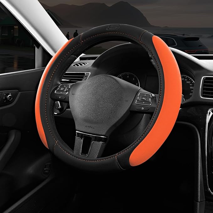 Skechers Steering Wheel Cover, Memory Foam Car Steering Wheel Cover,14.5-15inch Anti-Slip Safety Comfortable Desgin, Universal Accessory for Diverse Cars, Truck,SUV (Black & Orange)