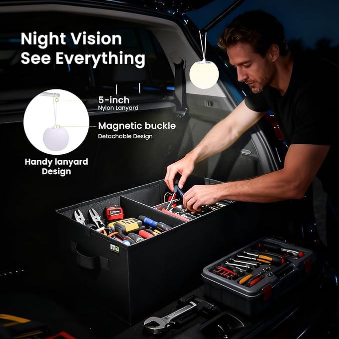 MIU Color Collapsible Trunk Organizer with Rechargeable LED Globe Lights Set for SUV, Camping, Party & Home Storage，Car Accessories for Men, Women