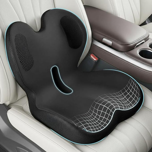 Trucker Seat Cushion, Car Seat Cushions with Lumbar Support Pillow, Ergonomic L-Shaped One Piece Memory Foam Pad for Long Driving Back Pain Sciatica Relief, Drivers Office Workers (Black+Ice Silk)