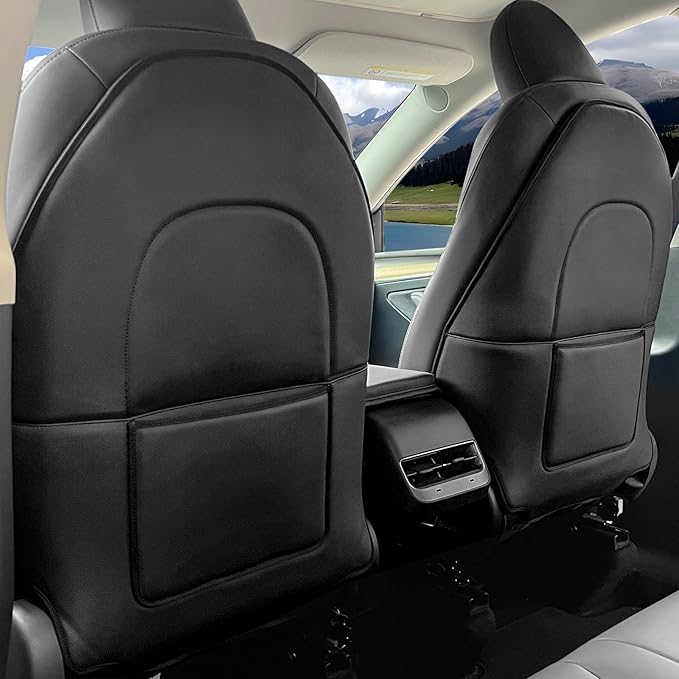 Automotive Seat Back Protector for Tesla Model 3/Y (2017-2025) - Waterproof Leather Kick Mat with Storage Pocket