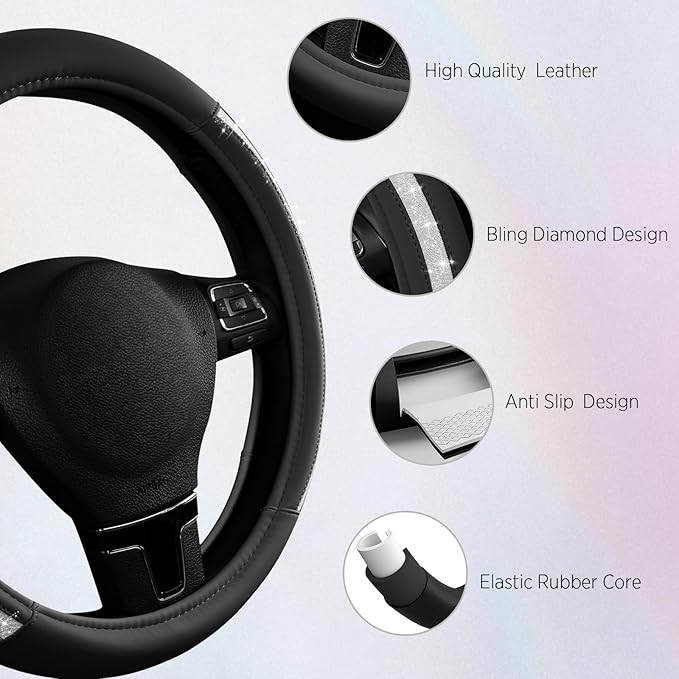 Road Comforts Steering Wheel Cover, Silver Bling Glitter with Black Leather, Universal Fit 14.5"-15.5" Wheel Cover for Women & Girls, Anti-Slip Protector for Cars, Trucks, Vans, SUVs