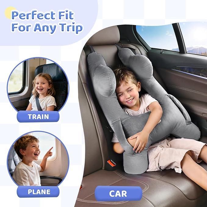 FLORICH Kids Travel Pillow, Car Sleeping Travel Pillow for Kids, Washable H-Shaped Pillow for Adults and Children to Support Head and Body for Road Trips Pillow for Car (Grey)
