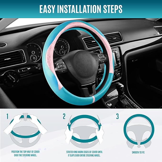 PIC AUTO Steering Wheel Cover, Pink Patterned & Blue Leather Patchwork Design, Universal Fit 14.5"–15.5", Anti-Slip, Odor-Free, Soft PU Grain Leather, Durable Grip Car Accessory for Girls & Women