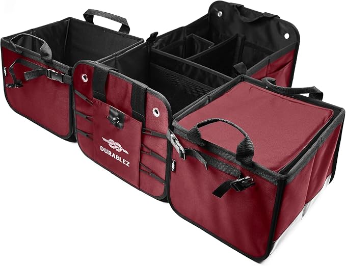 5-Section Trunk Organizer for SUV, Truck, Sedan, Van – Modular Extra Large Cargo Storage Bin, Detachable Car Trunk Organizer with Dividers, Collapsible Auto Organization System – Cherry Red