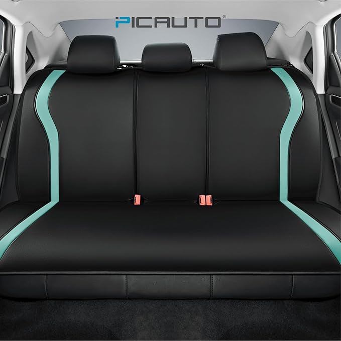 PIC AUTO Leather Car Seat Covers, Premium Automotive Waterproof Front & Rear Full Set Bucket Car Seat Protectors, Black and Mint PVC Patchwork, Fits for Cars, Trucks, Van, SUV, Airbag Compatible