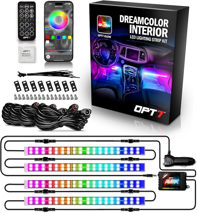 OPT7 Aura DreamColor Interior Light Strips, 4PC Double RGB-IC LED Color Chasing Kit w/APP & Remote Control, Underdash Ambient Lighting Universal for Vehicles Cars Trucks SUVs