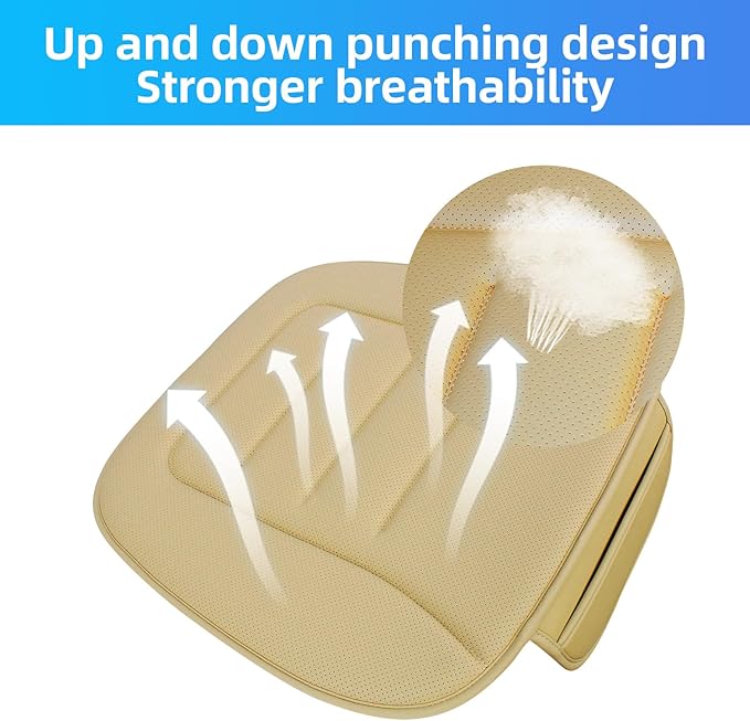 KAYI Car Seat Cushion, Comfort Memory Foam Car Cushions for Driving, Breathable Leather Surface with Anti Slip Rubber Bottom, Seat Cushion for Car and Office Chair (1 Pack, Beige)