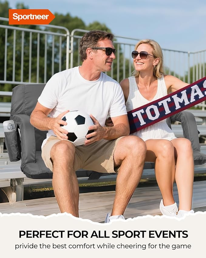 Sportneer Stadium Seats with Back Support: 2.5'' Thick Comfy Cushion 6 Adjustable Angle Bleacher Seat with Armrest - 2 Large Pockets, 2 Cup Holders Stadium Chair for Sport Events Concerts Parks