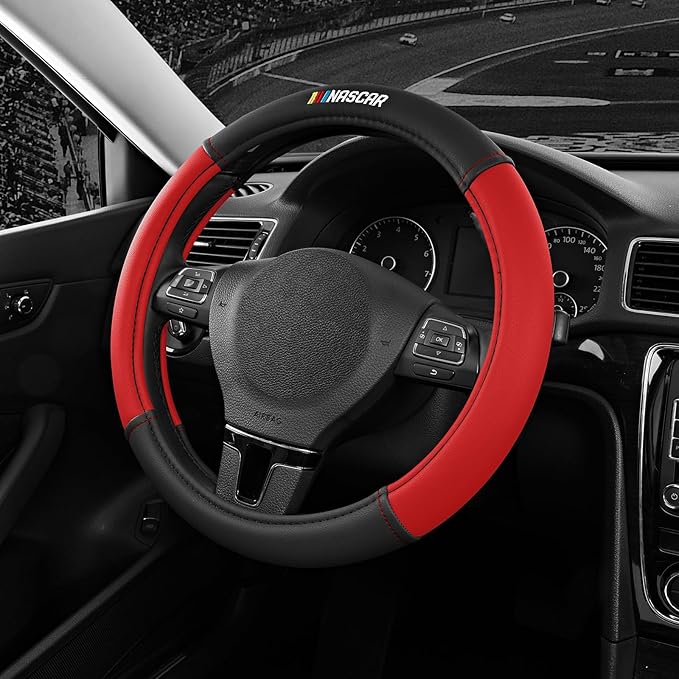 NASCAR Steering Wheel Cover, Two-Tone Red Leather Patchwork, Universal Fit 14.5"-15.5" Steering Covers for Cars, Anti-Slip, Soft Grip, Odor-Free, Trucks & SUVs, Racing Style Interior Upgrade