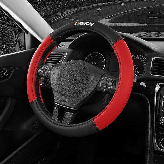 NASCAR Steering Wheel Cover, Two-Tone Red Leather Patchwork, Universal Fit 14.5"-15.5" Steering Covers for Cars, Anti-Slip, Soft Grip, Odor-Free, Trucks & SUVs, Racing Style Interior Upgrade