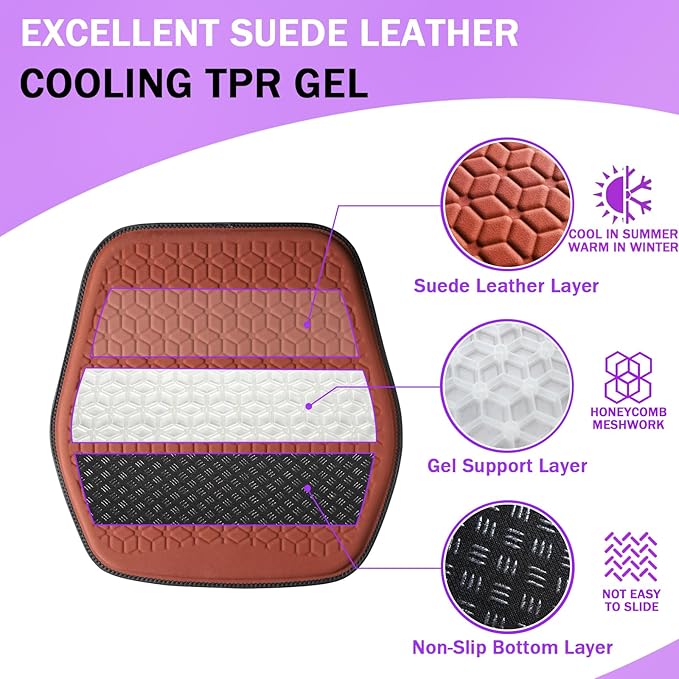 Thin Premium Gel Seat Cushion for Car Seat, Office Chair, Wheelchair, Golf Cart - Non-Slip Car Seat Cushions with 0.7 Inch Gel - Sciatica & Coccyx Pain Relief (Suede, Orange)