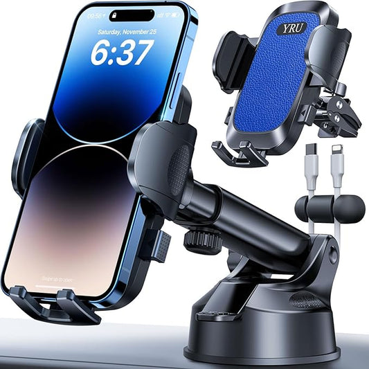 YRU [True Upgrade for Safety] Car Phone Holder Mount [Patent & Military-Grade] Dashboard Cell Phone Holder for Car Vent Windshield Phone Stand for iPhone 17 16 15 14 13 Pro Max Truck Samsung, Blue