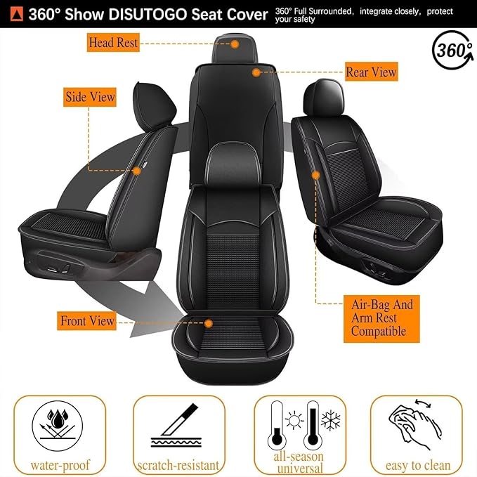 Breathable Ice Silk Seat Covers for Hyundai Sonata 2007-2025 2026 - Waterproof Leather Car Cushions Anti-Slip Cooling Seat Covers Protector(5 Seats - Black)