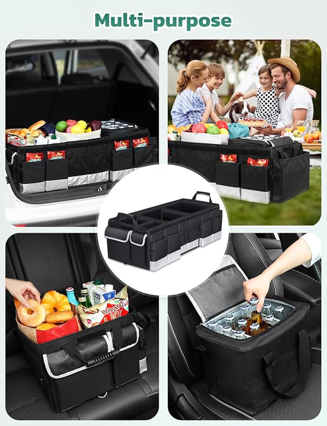 Oasser Trunk Organizer with Cooler Bag, Large Collapsible Car Trunk Organizer for SUV with Multi Compartments, Car Storage Grocery with Lid (Extra Large, Black&Grey)