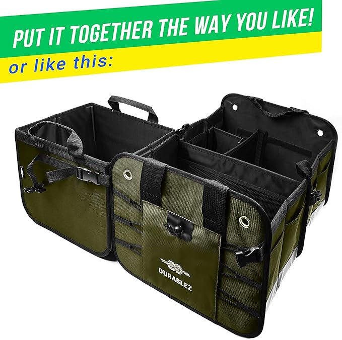 Heavy Duty 3-Section Trunk Organizer – Extra Large Collapsible & Foldable Cargo Box, Modular Car Storage System for SUV, Truck, Van – Green