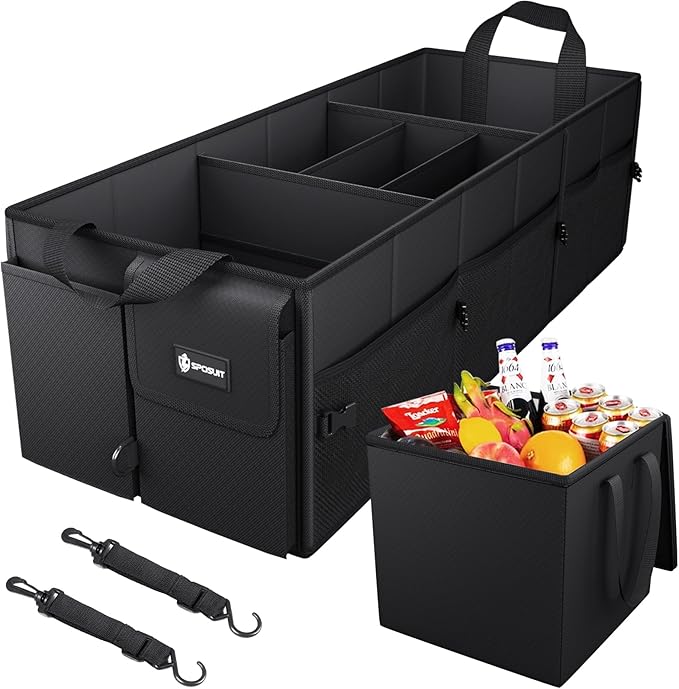 Sposuit Trunk Organizer with Insulated Leakproof Cooler Bag, 98L Collapsible Car Storage Large Trunk Organizer for Car SUV Van with Removable Dividers & Adjustable Securing Straps
