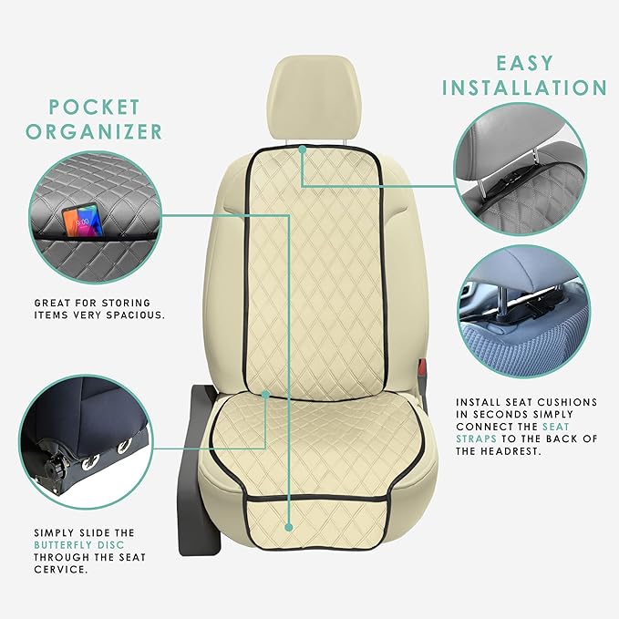 FH Group Car Seat Cushion – Neosupreme Single Front Seat Cover with Front Pockets, Airbag Compatible, Universal Fit Car Seat Cushion for Driver or Passenger Seat, SUV, Truck, Sedan & Van – Beige