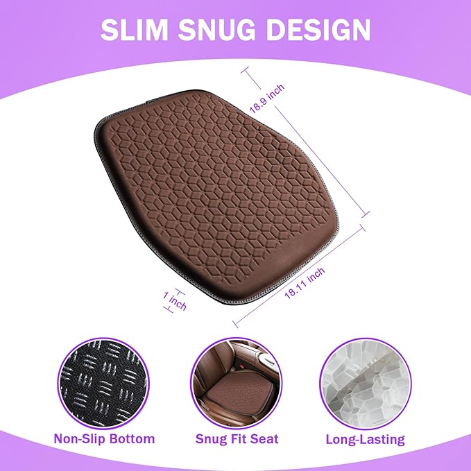 Thin Premium Gel Seat Cushion for Car Seat, Office Chair, Wheelchair, Golf Cart - Non-Slip Car Seat Cushions with 0.7 Inch Gel - Sciatica & Coccyx Pain Relief (Suede, Dark Brown)