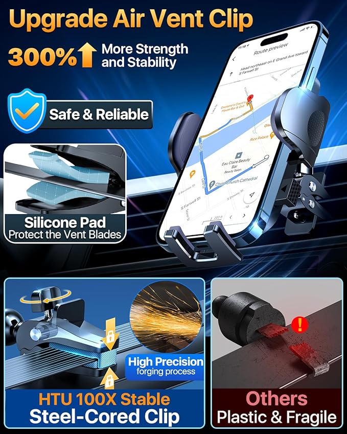 HTU 【98+LBS Strongest Suction & Military-Grade】 Ultimate Car Phone Mount【Patent & Safety Certs】 Cell Phone Holder Truck Stand for Dashboard Windshield Vent for iPhone 17 Pro Max 16 15 Samsung (Black)