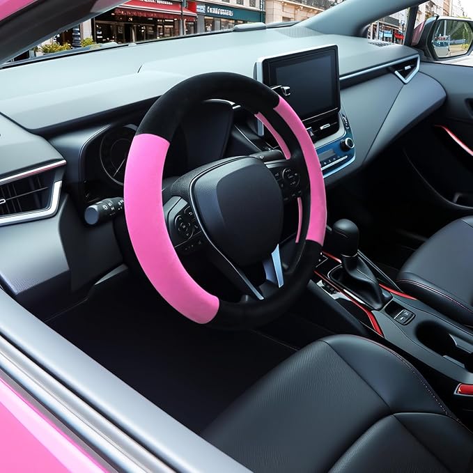 SEG Direct Steering Wheel Cover for Car, Standard Size 14.5-15 inch, Auto Interior Accessories, Warm Plush, Summer Winter, Black and Pink