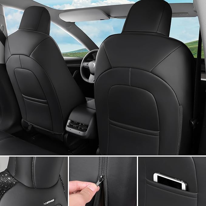 CAR PASS Car Seat Covers for Tesla Model 3 Nappa Leather Bling Diamond Car Seat Protector Full Coverage Airbag Compatible Custom Fit 2017 2018 2019 2020 2021 2022 2023 2024, Black Rhinestone Full Set