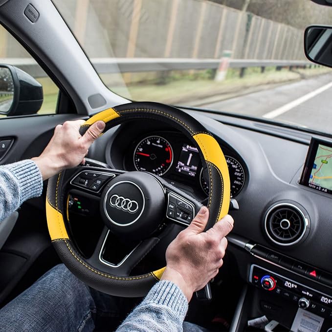 Leather Car Steering Wheel Cover, Non-Slip Car Wheel Cover Protector Breathable Microfiber Leather Universal Fit for Most Cars (Black&Yellow)